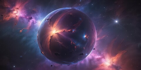 Obraz premium Floating sphere, vibrant nebula colors, dark space, interstellar, illustration