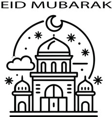 EID MUBARAK, EID UL ADHA line art icon of greeting card
