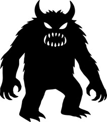 A monster black and white silhouette  in white  background 