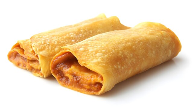 Photograph of two Chinese spring rolls, glistening with sauce, resting on a white surface.