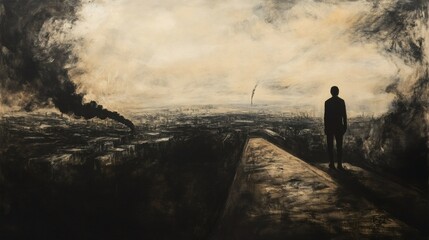 Brooding figure contemplates sprawling cityscape with factory belching smoke under a murky overcast sky