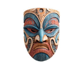 Intricate tribal mask with vibrant colors and detailed carvings on a transparent background, cut out