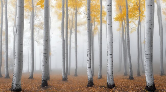 Misty autumn birch forest