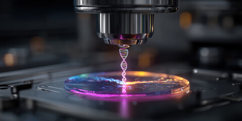 Holographic DNA strand under microscope in digital laboratory, futuristic science concept