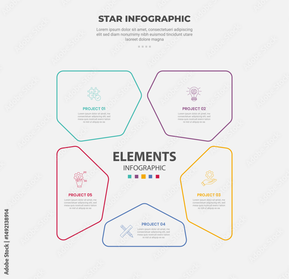 Poster star or pentagram shape infographic outline style with 5 point template with random shape creating s