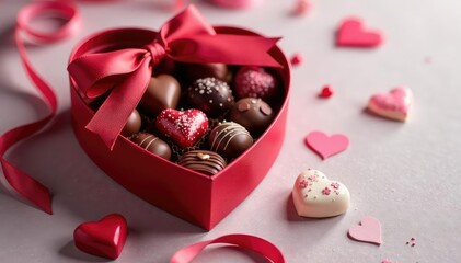 Close-up of a heart-shaped box of chocolates, ribbons and bows , heart shaped box, holiday, sweetheart