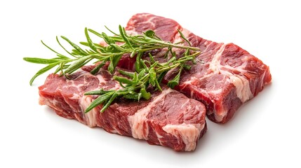 Obraz premium Photograph of raw beef ribs with sprigs of rosemary on a white background.
