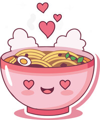 Cute Kawaii Style Noodle Bowl Icon with Smiling Face and Steam