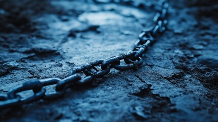 Close-up of Metal Chain Resting on Textured Surface in Shades of Blue, highlighting the link and texture, creating a somber tone