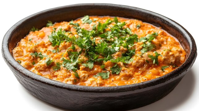 Photograph of a rustic, dark ceramic bowl filled with a chunky, tomato-based minced meat stew.
