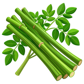 Cartoon Illustration of Isolated Drumsticks and Moringa Leaves on White Background in Vector Style for Complete Design Projects