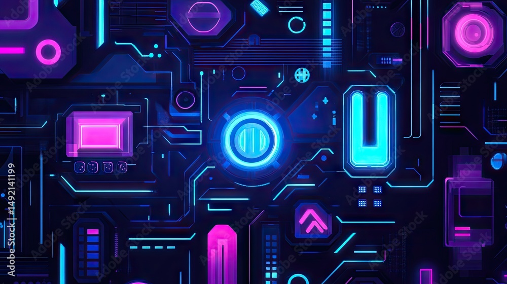 Poster futuristic neon circuit board design with glowing components and intricate patterns