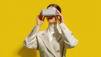Woman in white suit experiencing virtual reality with VR headset against a vibrant yellow background, symbolizing innovation.
