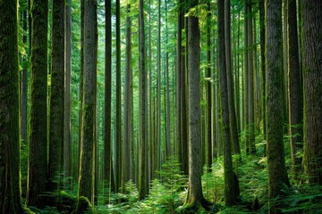 Obraz premium Lush emerald forest path. Sunlight filters through tall trees