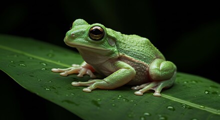 Green Frog Sitting on Leaf with Water Droplets in Dark Setting