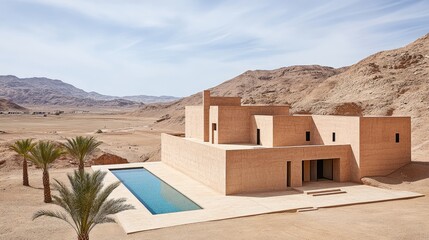 Desert house with a pool.  Modern architecture nestled in a dry landscape