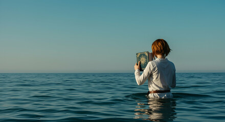 woman,  girl,  female, Woman in White Robe Holding a Book in the Sea