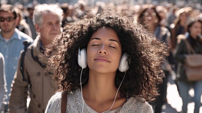 Smiling young woman in headphones with closed eyes in a midst of a blurred motion of a bustling crowd of a big city. Smiling with closed eyes, she finds peace in the urban chaos.
