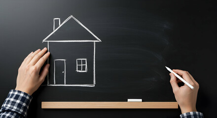 house,  home,  drawing, Chalk Drawing of a House on a Blackboard