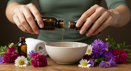 essential oils,  aromatherapy,  spa, Woman's Hands Pouring Essential Oils into Bowl with Flowers