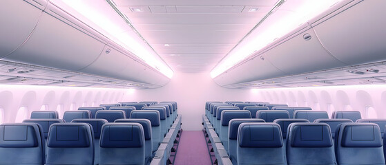 Empty Airplane Interior With Light Pink Lighting And Blue Seats