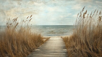 Serene beach path through tall grasses leading to calm ocean