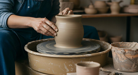 pottery,  wheel,  potter, Potter Shaping Clay on a Pottery Wheel