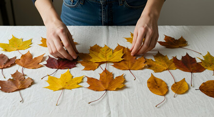 autumn leaves,  fall leaves,  maple leaves, Arranging Autumn Leaves on a White Table