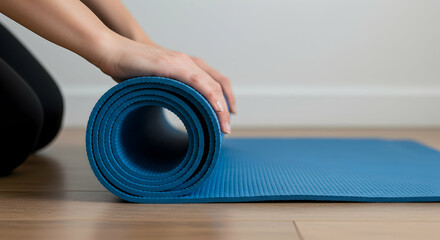 yoga mat,  blue yoga mat,  rolling yoga mat, Woman Rolling Up Blue Yoga Mat on Wooden Floor