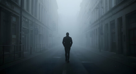 foggy,  city,  street, Solitary Figure Walking Through Foggy City Street