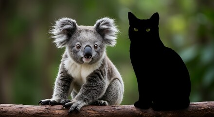 Koala Sitting on Branch with Black Cat Silhouette