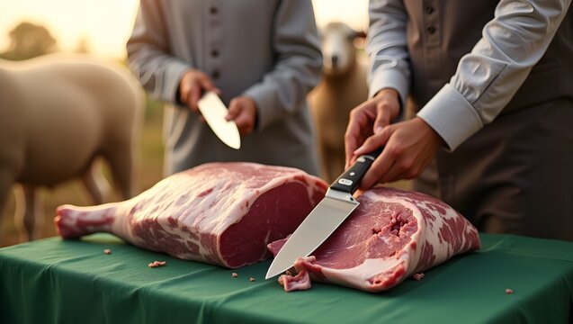 butcher preparing meat, butcher cutting meat with knife, lamb chops on a grill, butcher cutting meat,  people sacrifice the lamb at eid-ul-azha to fulfill the sauna, bakra eid  