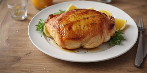 Crispy roasted chicken breast, zesty citrus glaze, white plate,  lime,  meal,  food