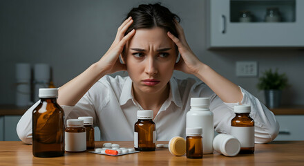 woman,  female,  adult, Woman with Headache Surrounded by Medicine Bottles