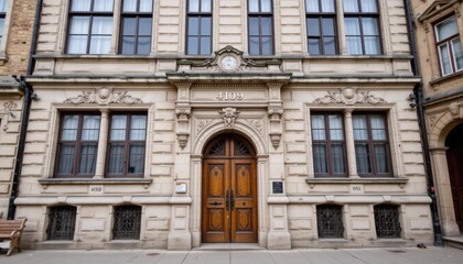 Naklejka premium Ornate Historical Facade of a Vintage Building with Decorative Wooden Doors and Windows