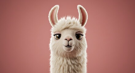 Obraz premium Llama Face Portrait Smiling in Front of Pink Background
