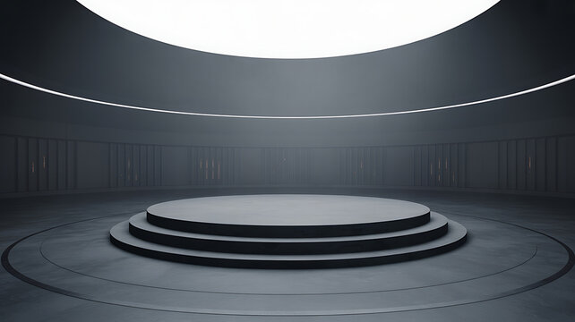 Empty Showroom Stage Circular Podium Bright Spotlight