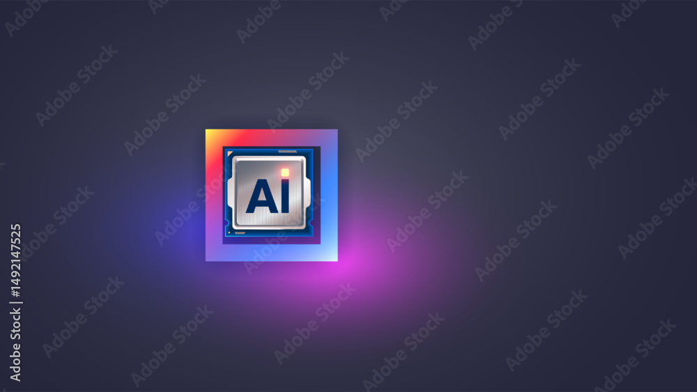 Poster AI chip. Single electronic chip or CPU with core AI. Processor with letters AI front view. Chip for neural networks. Hardware artificial intelligence technology.