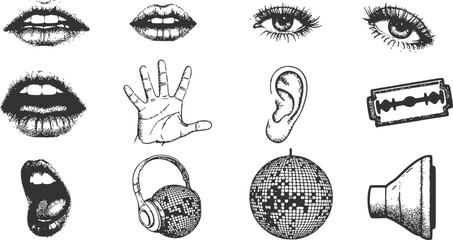 Halftone monochrome stipple elements set Mouths, eyes, hands, ears, disco ball, headphones, speaker, razor blade. Grunge punk dots texture for y2k collage design Retro photocopy vector illustration