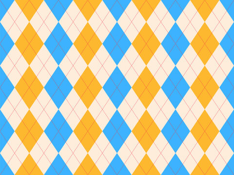 Vibrant argyle pattern in blue, orange, and cream.  Perfect for backgrounds, textiles, and playful designs.  This cheerful, geometric texture evokes a sense of classic style with a modern twist.