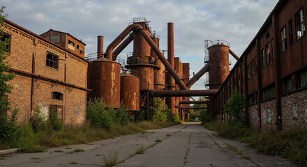 Abandoned industrial factory with rusty metal pipes and machinery overgrown with vegetation and crumbling brick buildings