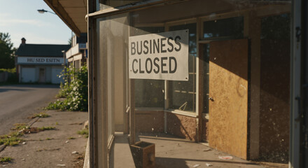 White business closed sign on abandoned storefront window with boarded entrance and overgrown weeds