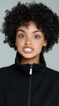 A woman with a black jacket and curly hair is looking surprised. The jacket has a zipper and a logo on it