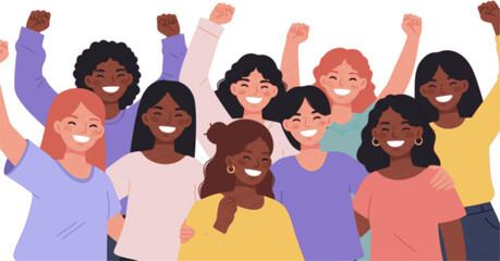 Diverse happy women standing together, smiling with raised hands with closed fists. Accelerate action, IWD 2025. Diversity, unity and inclusion concept. Modern flat vector illustration