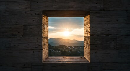 Mountain View Through Wooden Window at Sunset