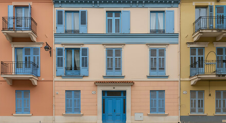 Fototapeta premium building, facade, shutters, Pastel Building Facade with Blue Shutters and Balconies