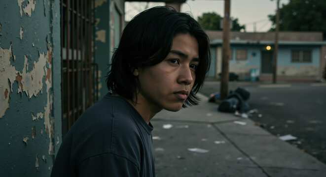Young asian man with serious expression against run-down urban building with peeling paint and littered street