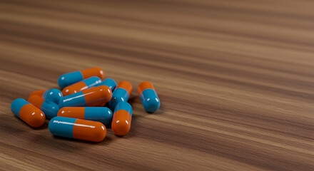capsules,  pills,  medicine, Blue and Orange Capsules on Wooden Surface