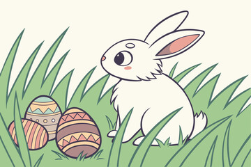 55 a cute white rabbit sitting in a field of grass, easter eggs, cartoon, digital art, 4k, highly detailed, vibrant colors, smooth, sharp focus