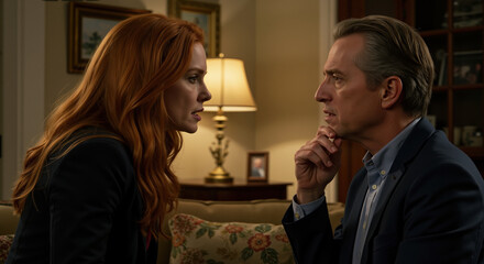 Naklejka premium Woman with red hair facing man in suit during intense conversation